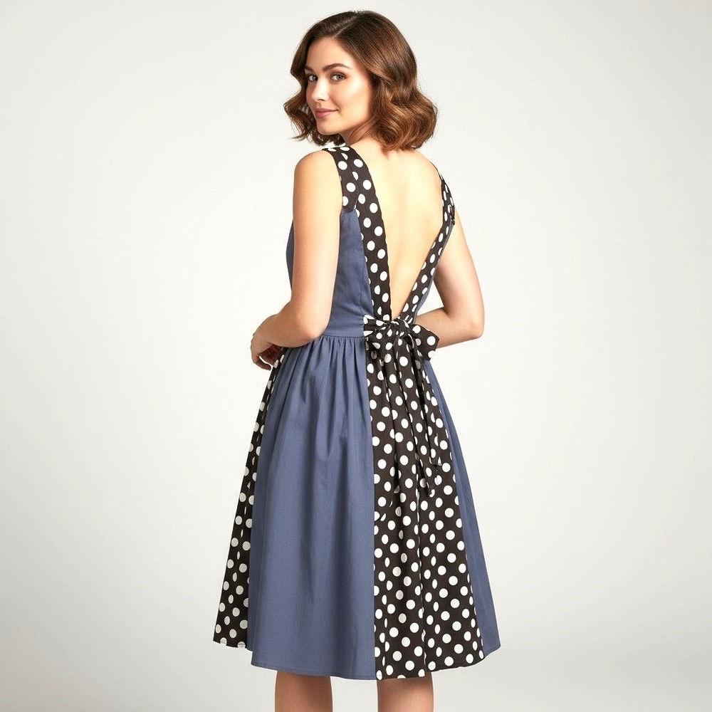 Sucrefas Plus Too Navy Polka Dot A-Line Dress Plus Size 14 V-Back Bow Sleeveless